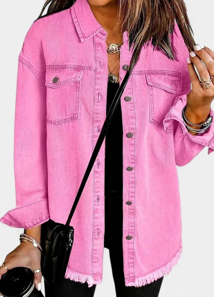 Women's Relaxed-Fit Button-Down Denim Shacket Comfortable Jacket - Baby Pink