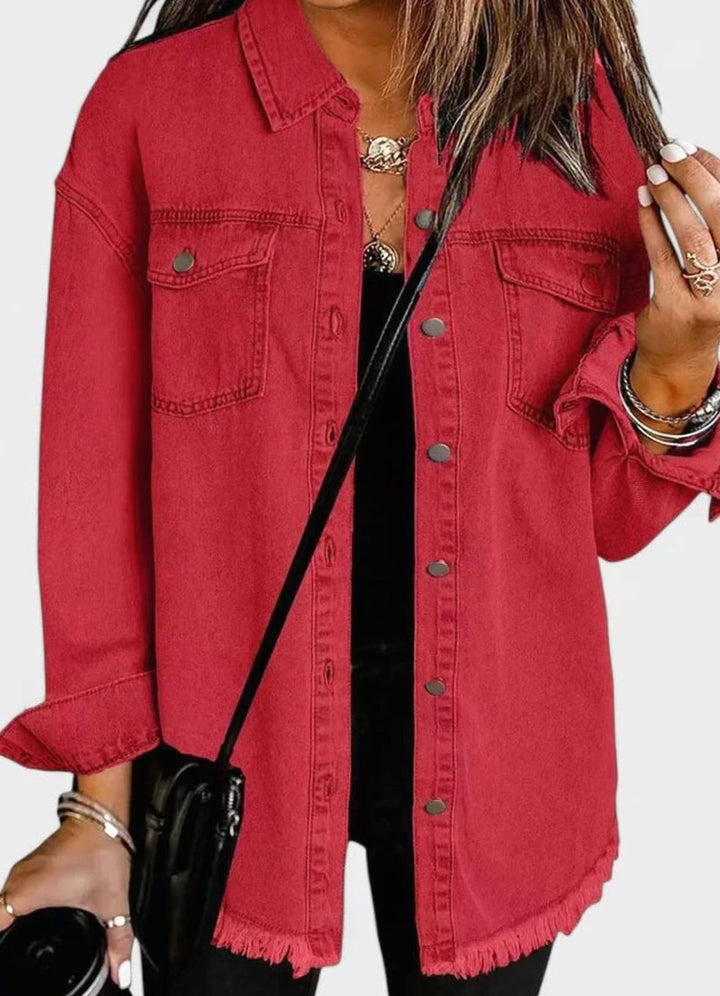 Women's Relaxed-Fit Button-Down Denim Shacket Comfortable Jacket - Red