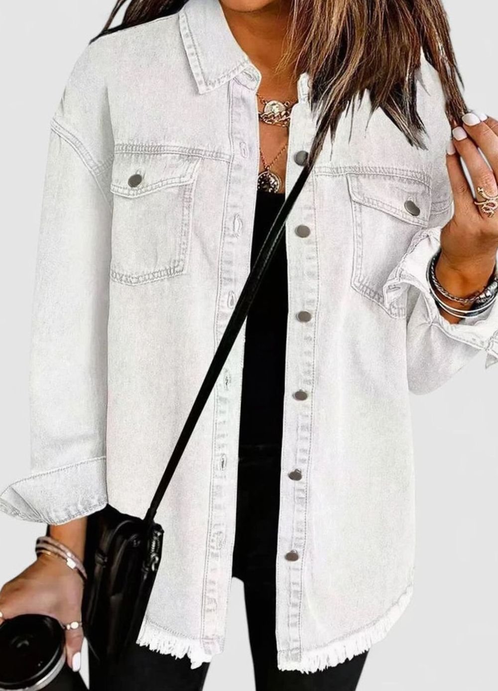 Women's Relaxed-Fit Button-Down Denim Shacket Comfortable Jacket - White