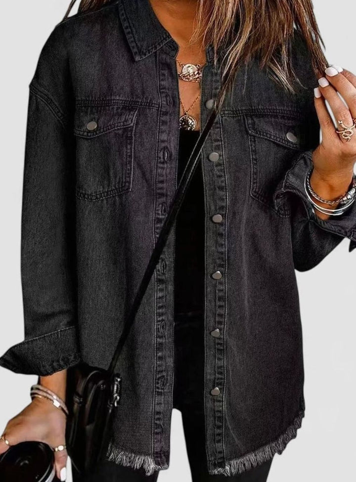 Women's Relaxed-Fit Button-Down Denim Shacket Comfortable Jacket - Black