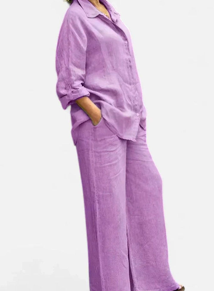 Women's Relaxed-Fit Button-Down Linen Comfortable Set Wide-Leg Pants - Purple