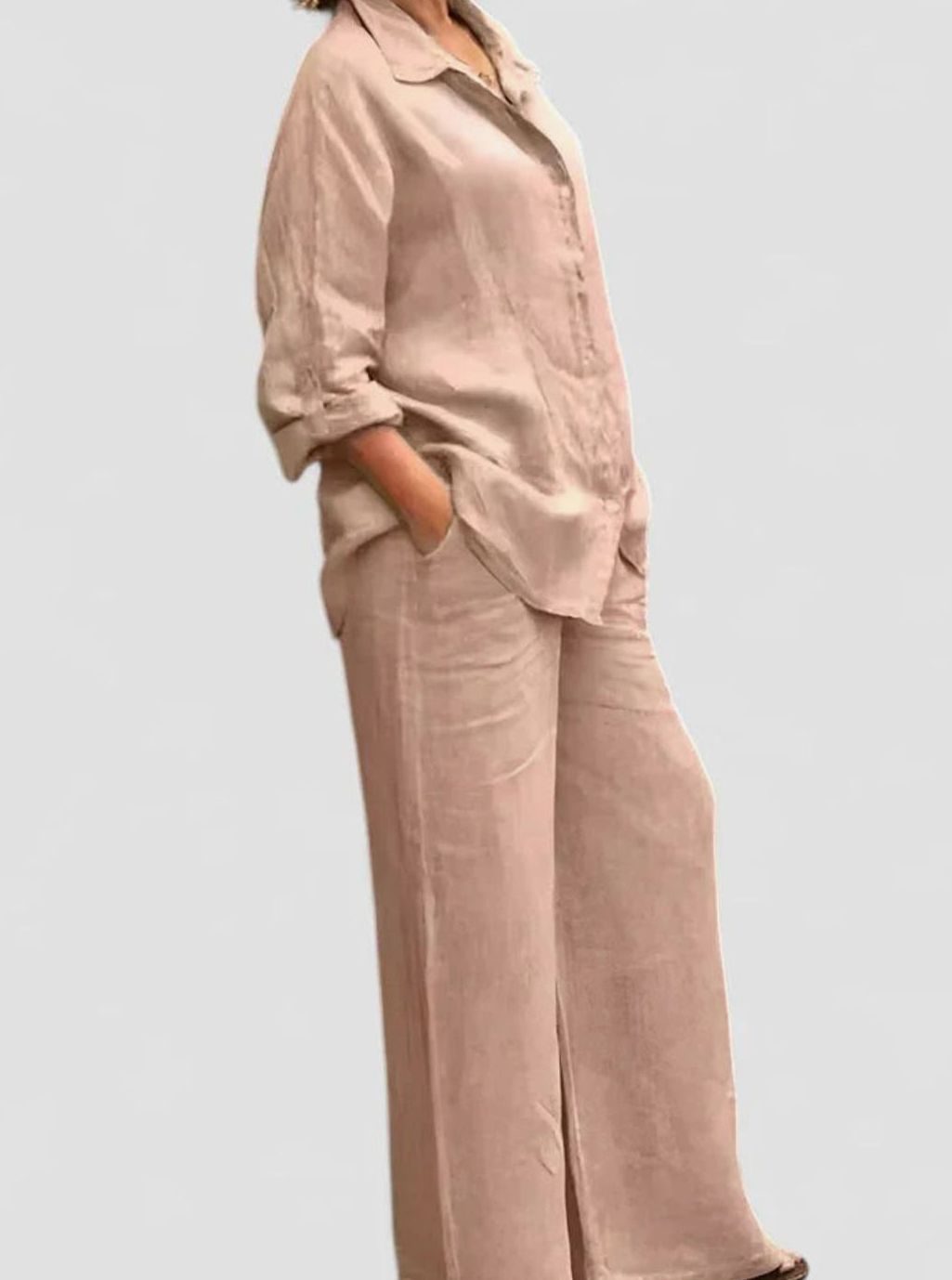 Women's Relaxed-Fit Button-Down Linen Comfortable Set Wide-Leg Pants - Light Pink
