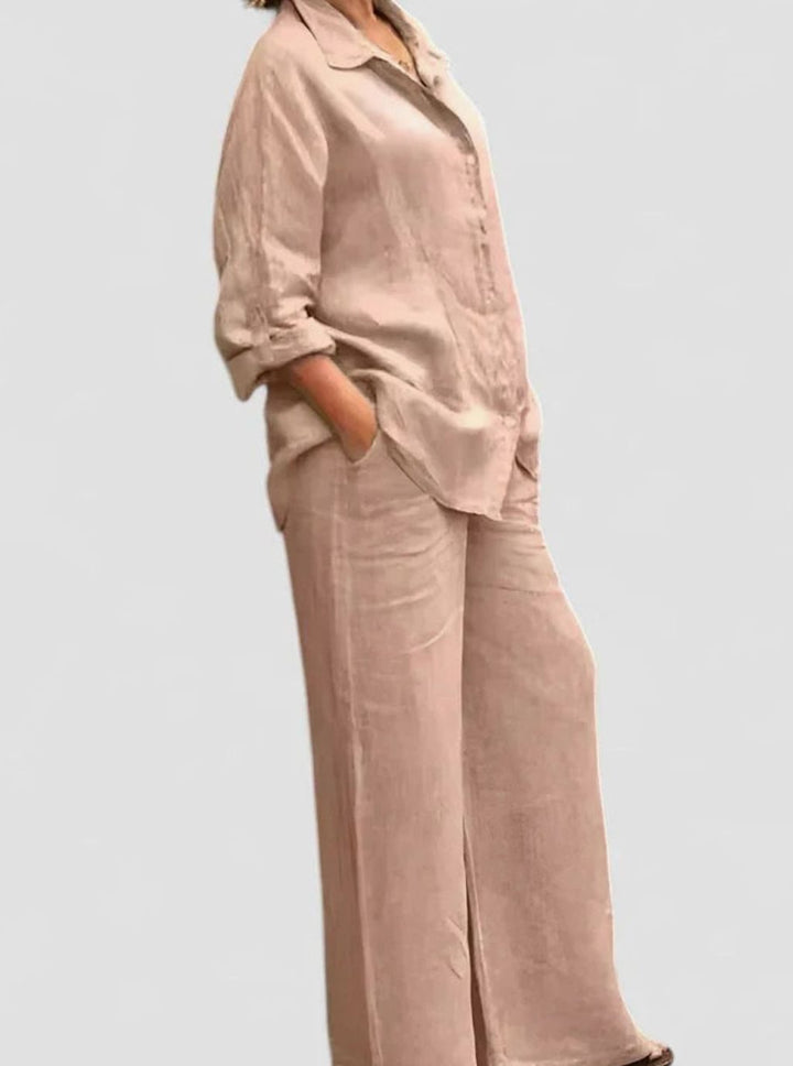 Women's Relaxed-Fit Button-Down Linen Comfortable Set Wide-Leg Pants - Light Pink