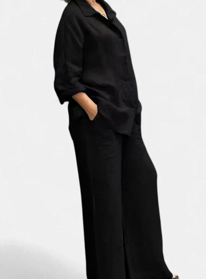 Women's Relaxed-Fit Button-Down Linen Comfortable Set Wide-Leg Pants - Black