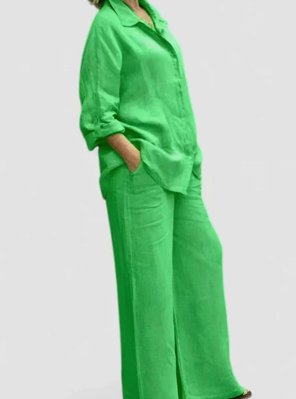 Women's Relaxed-Fit Button-Down Linen Comfortable Set Wide-Leg Pants - Deep Green