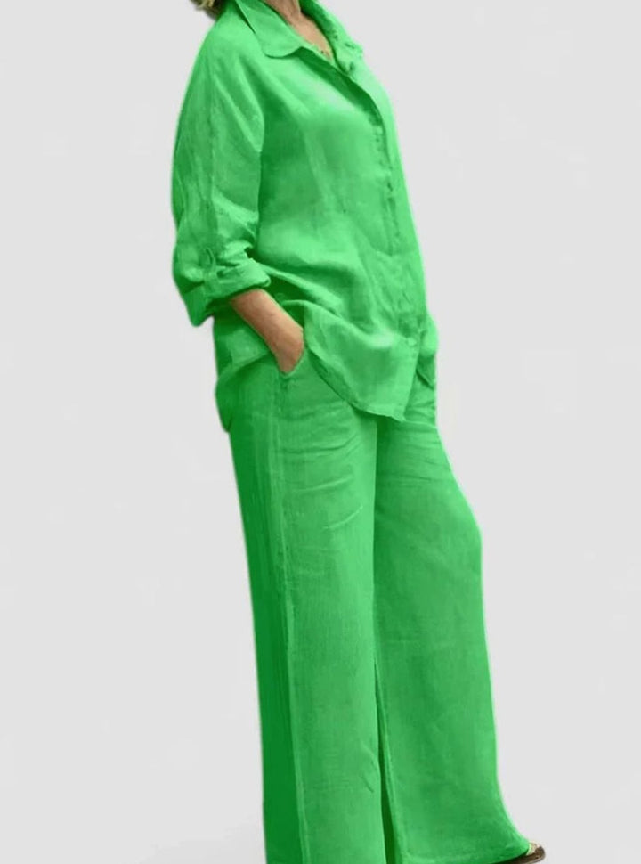 Women's Relaxed-Fit Button-Down Linen Comfortable Set Wide-Leg Pants - Deep Green