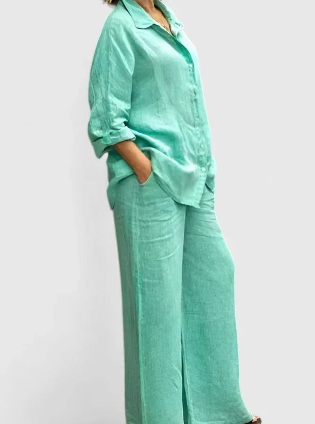 Women's Relaxed-Fit Button-Down Linen Comfortable Set Wide-Leg Pants - Light Green