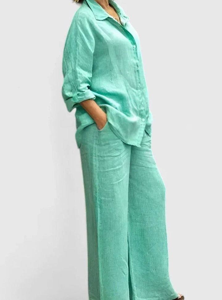 Women's Relaxed-Fit Button-Down Linen Comfortable Set Wide-Leg Pants - Light Green