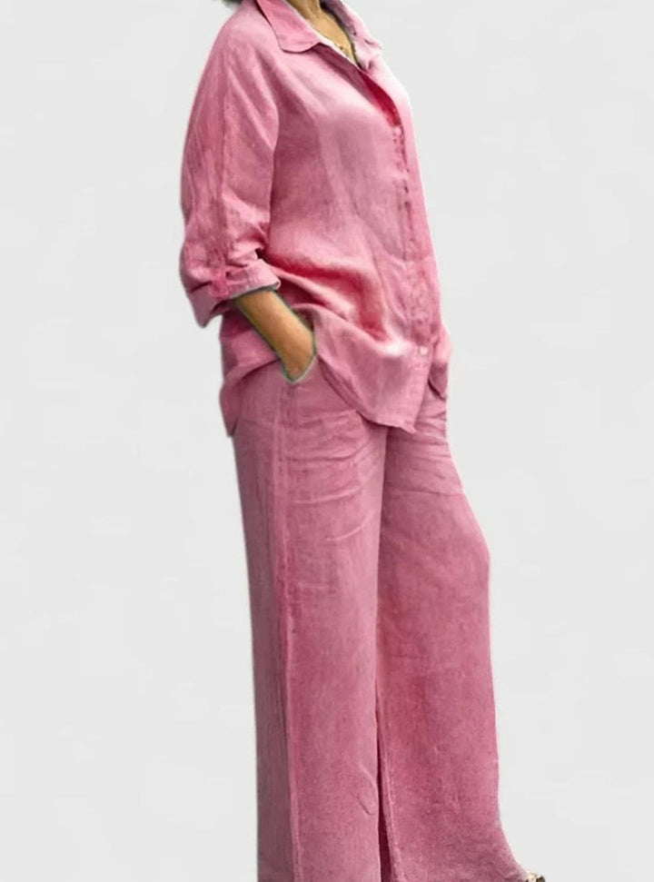 Women's Relaxed-Fit Button-Down Linen Comfortable Set Wide-Leg Pants - Pink
