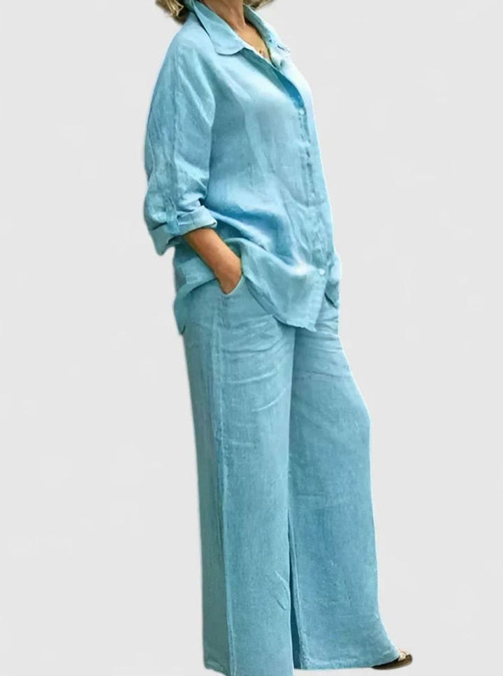 Women's Relaxed-Fit Button-Down Linen Comfortable Set Wide-Leg Pants - Lake Blue