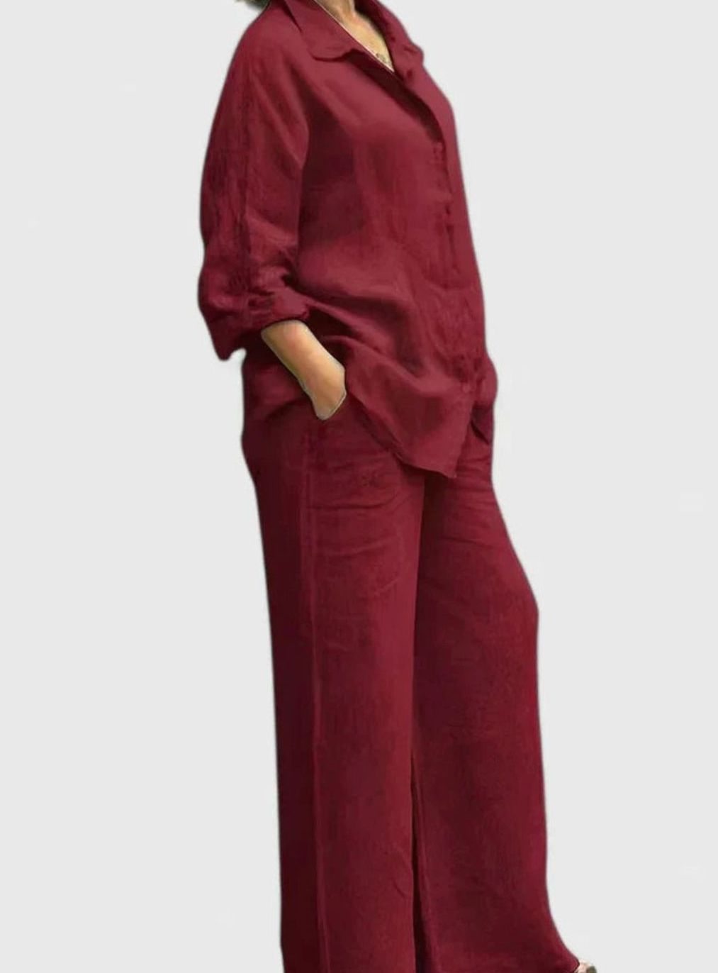 Women's Relaxed-Fit Button-Down Linen Comfortable Set Wide-Leg Pants - Burgundy