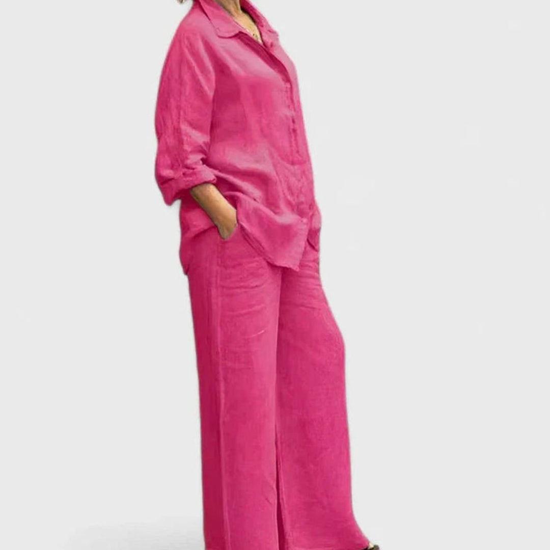 Women's Relaxed-Fit Button-Down Linen Comfortable Set Wide-Leg Pants - Rose Red