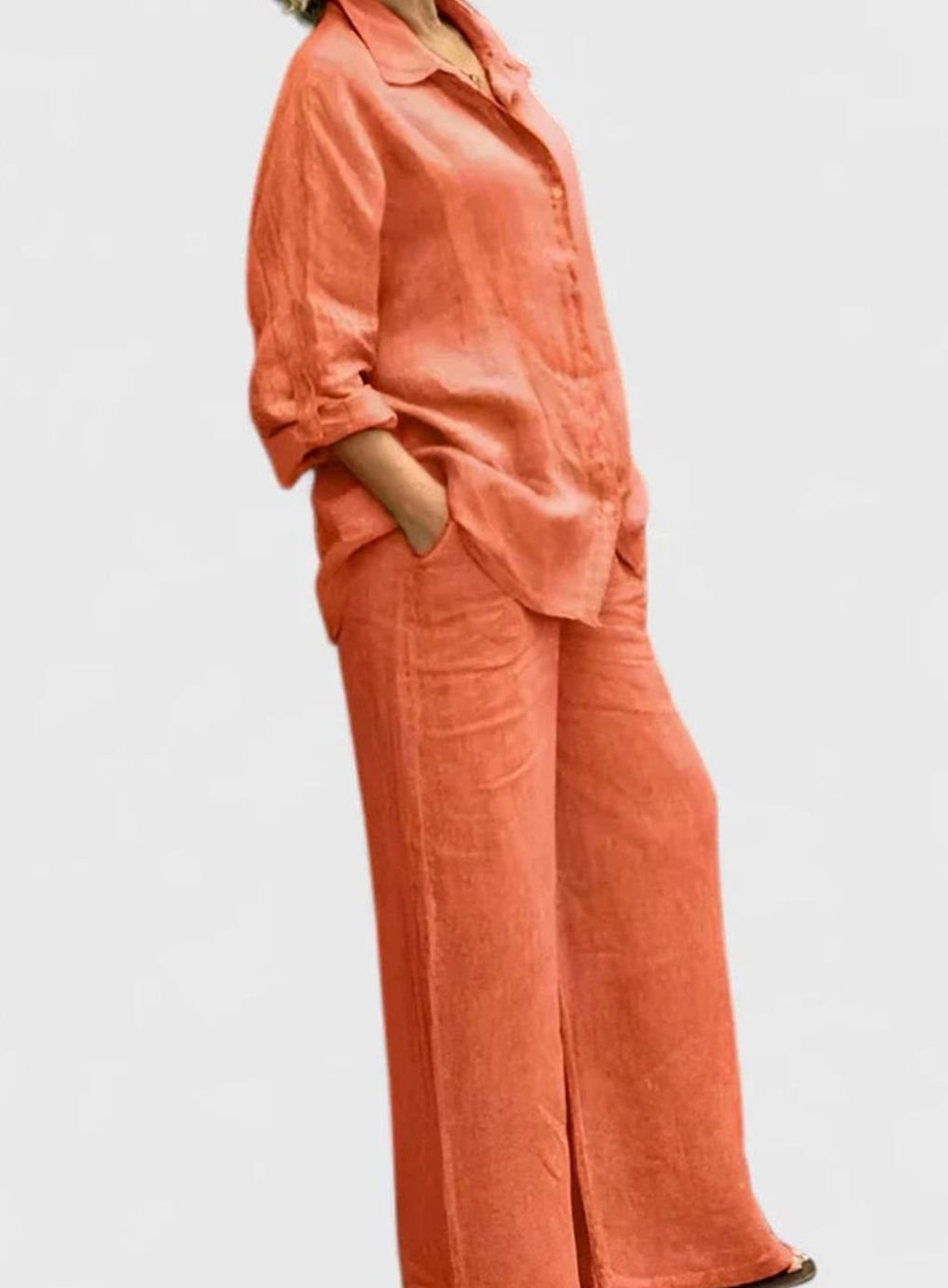 Women's Relaxed-Fit Button-Down Linen Comfortable Set Wide-Leg Pants - Orange