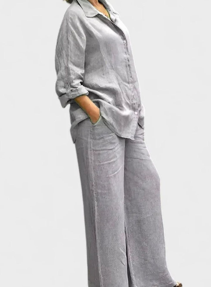 Women's Relaxed-Fit Button-Down Linen Comfortable Set Wide-Leg Pants - Gray
