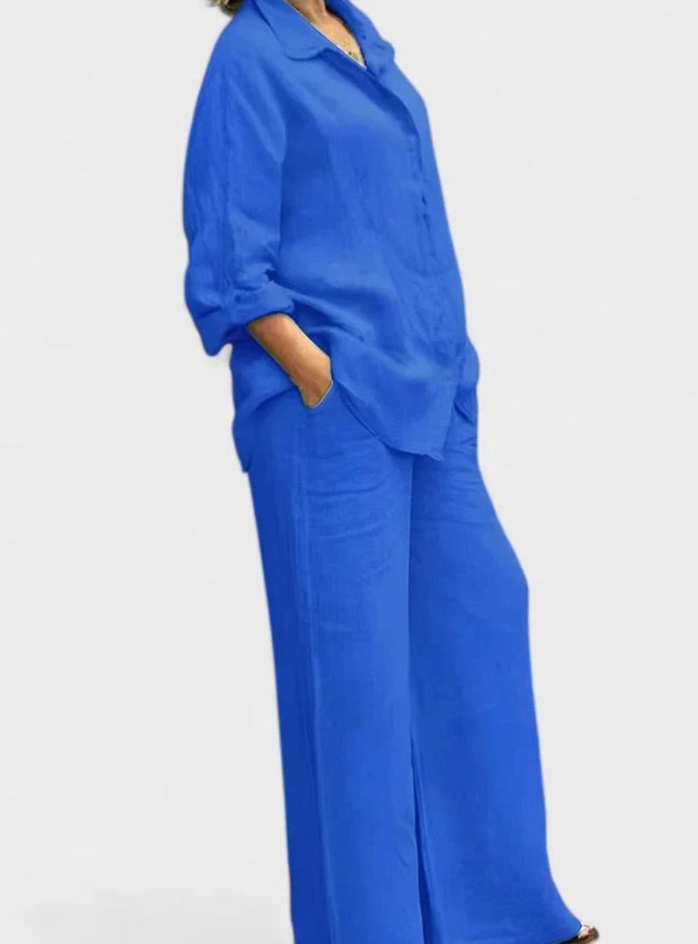 Women's Relaxed-Fit Button-Down Linen Comfortable Set Wide-Leg Pants - Royal Blue