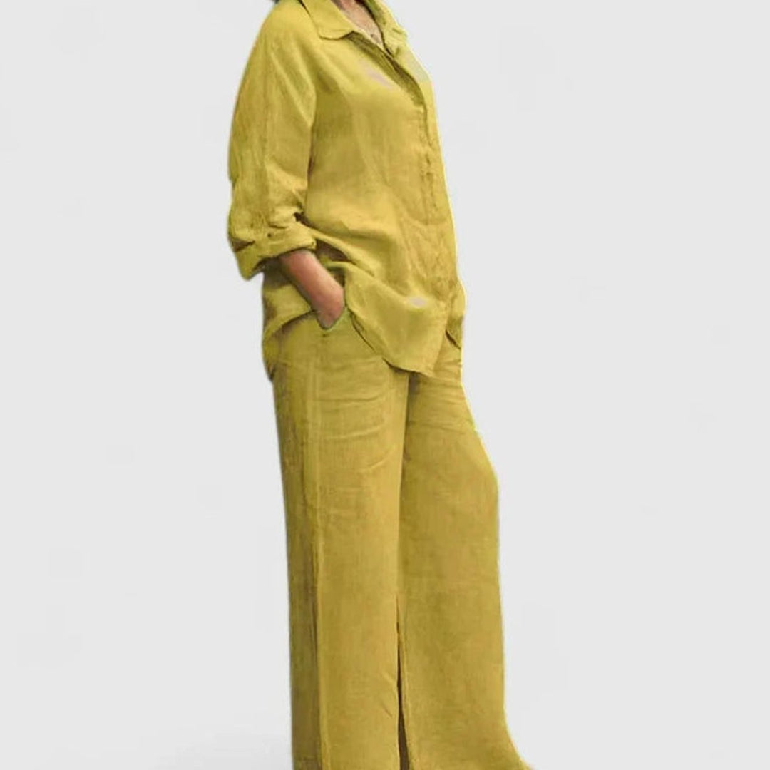 Women's Relaxed-Fit Button-Down Linen Comfortable Set Wide-Leg Pants - Yellow