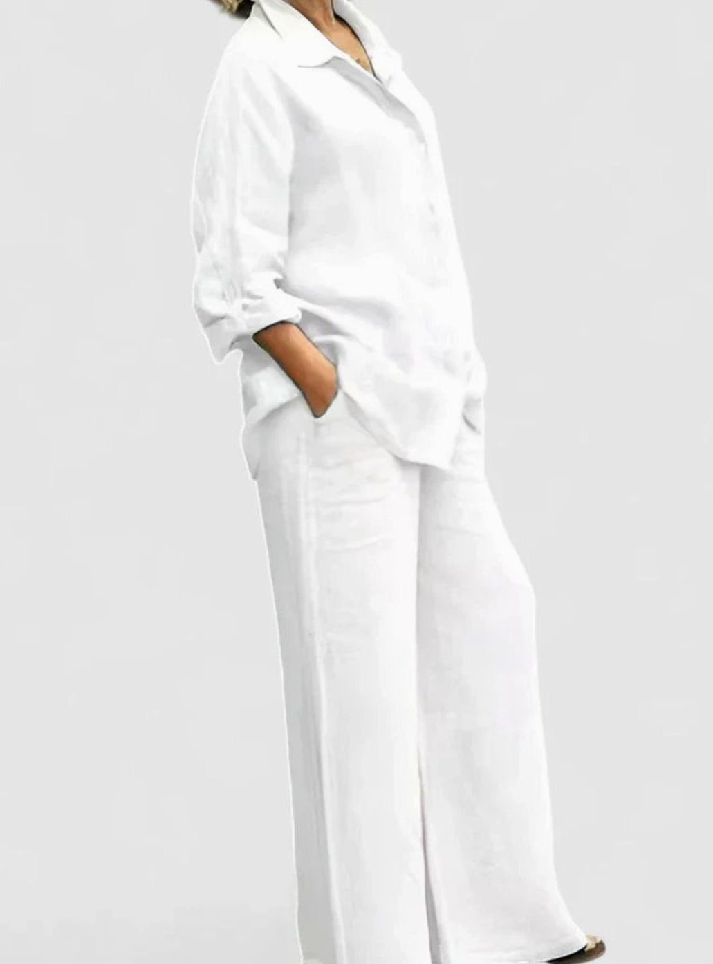 Women's Relaxed-Fit Button-Down Linen Comfortable Set Wide-Leg Pants - White