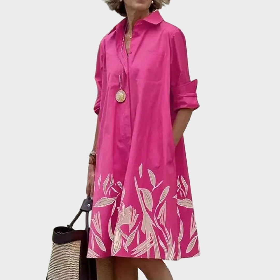 Women's Relaxed-Fit Collared Shirt Casual Dress Pockets - Pink