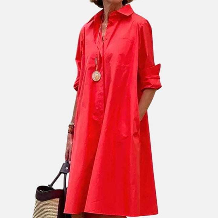 Women's Relaxed-Fit Collared Shirt Casual Dress Pockets - Red