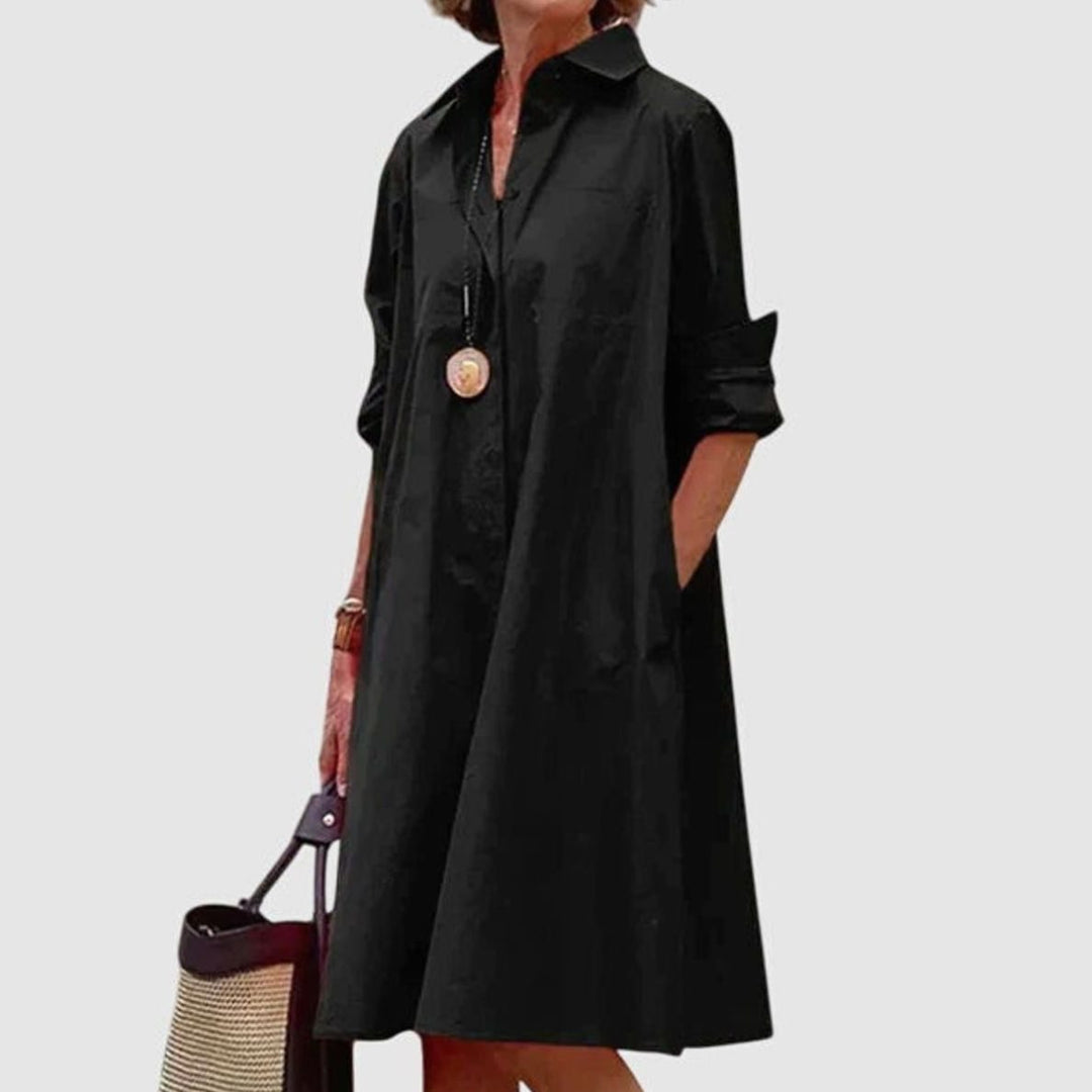 Women's Relaxed-Fit Collared Shirt Casual Dress Pockets - Black