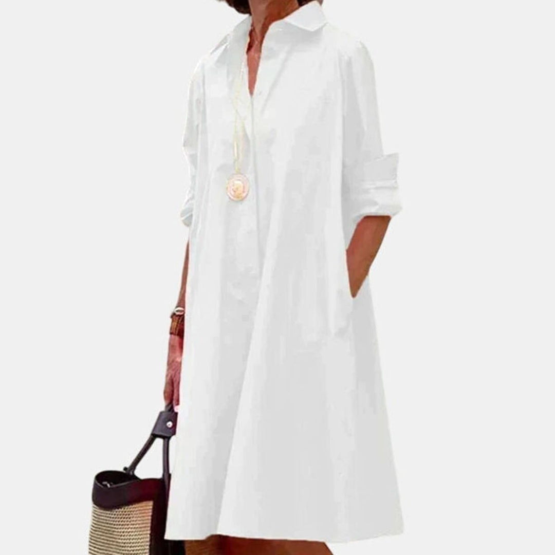 Women's Relaxed-Fit Collared Shirt Casual Dress Pockets - White