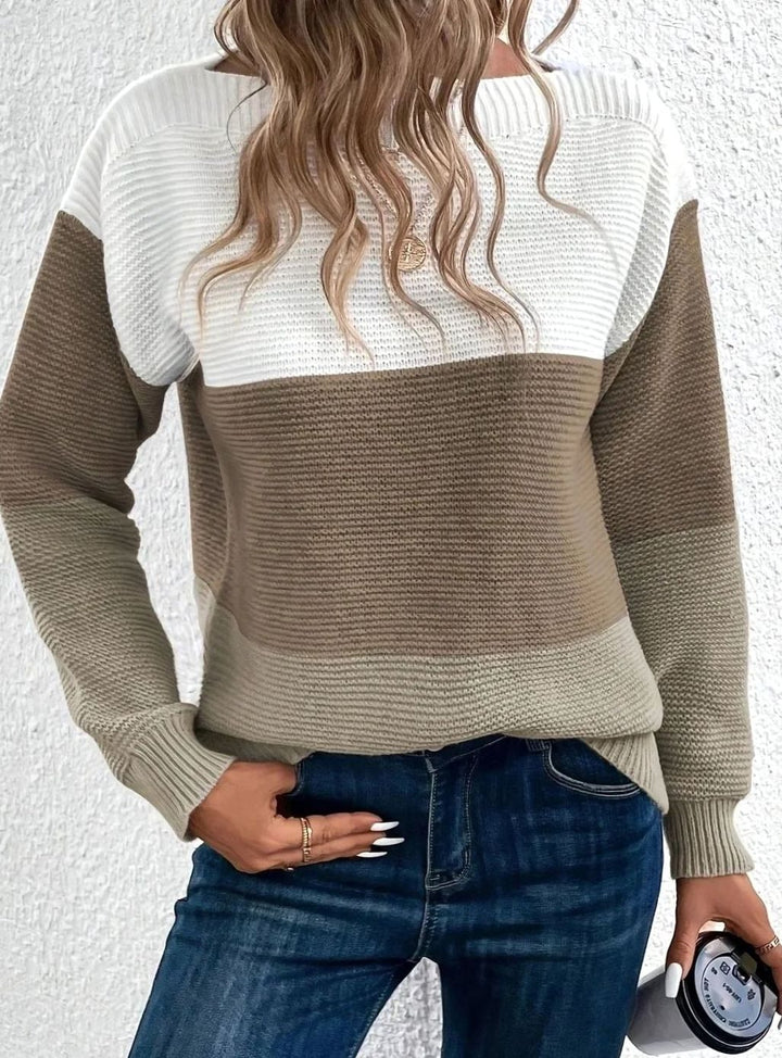 Women's Relaxed-Fit Color-Block Crewneck Knit Sweater - Brown