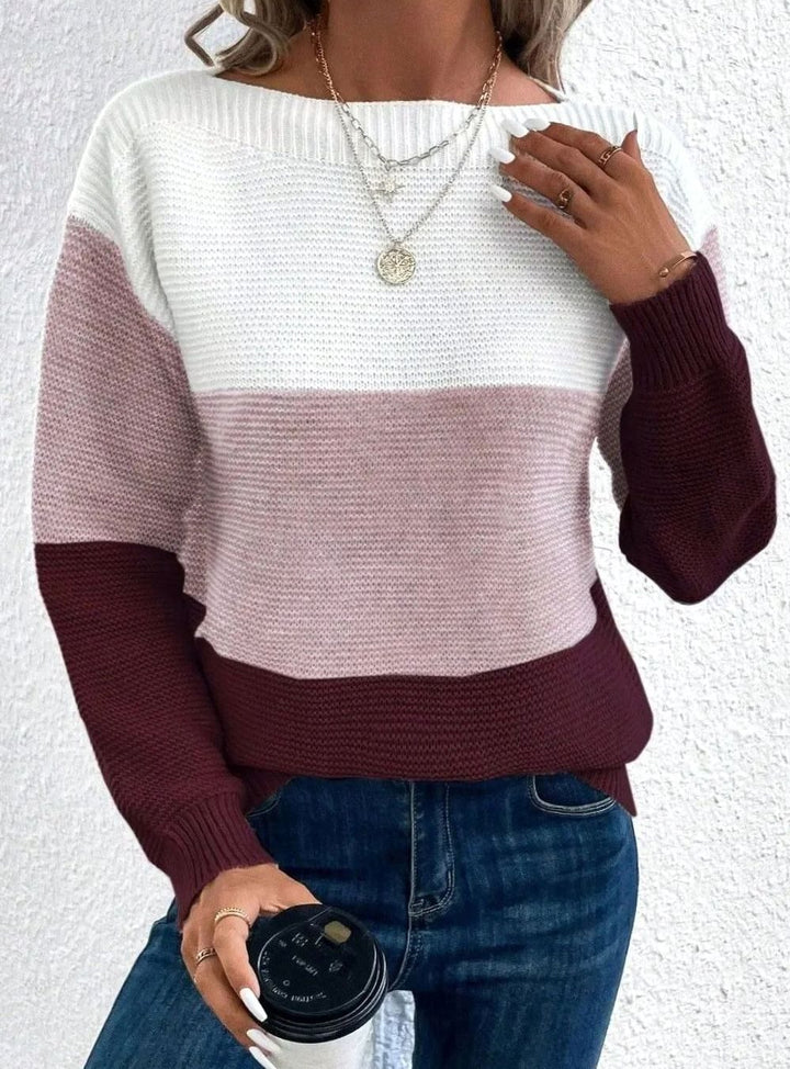 Women's Relaxed-Fit Color-Block Crewneck Knit Sweater - Lotus Red