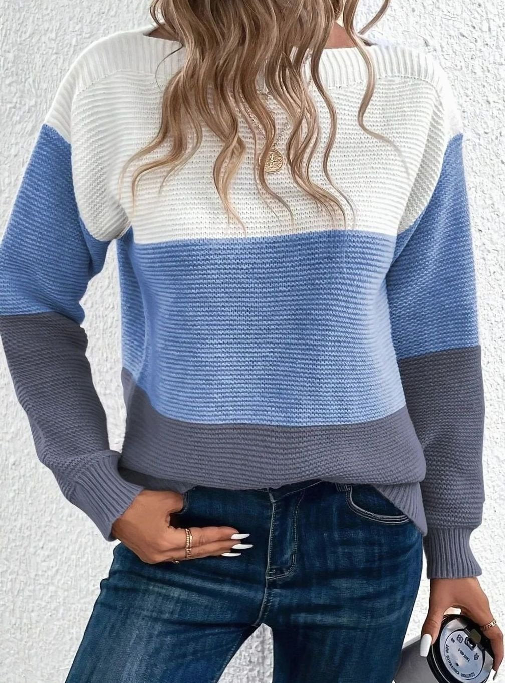 Women's Relaxed-Fit Color-Block Crewneck Knit Sweater - Blue