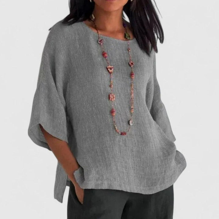 Women's Relaxed-Fit Cotton-Linen Three-Quarter Sleeve Comfortable Blouse - Gray