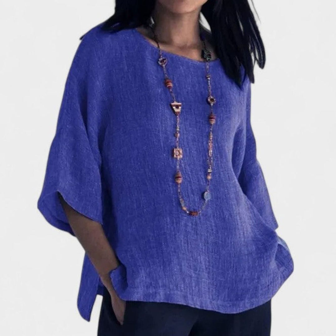 Women's Relaxed-Fit Cotton-Linen Three-Quarter Sleeve Comfortable Blouse - Blue