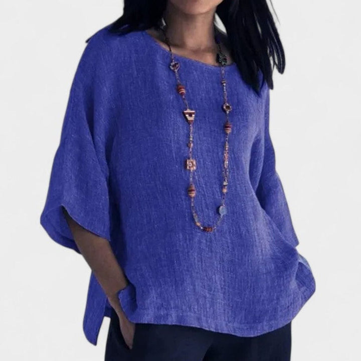 Women's Relaxed-Fit Cotton-Linen Three-Quarter Sleeve Comfortable Blouse - Blue