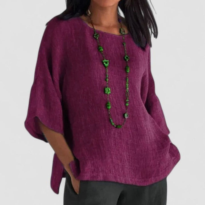 Women's Relaxed-Fit Cotton-Linen Three-Quarter Sleeve Comfortable Blouse - Purple