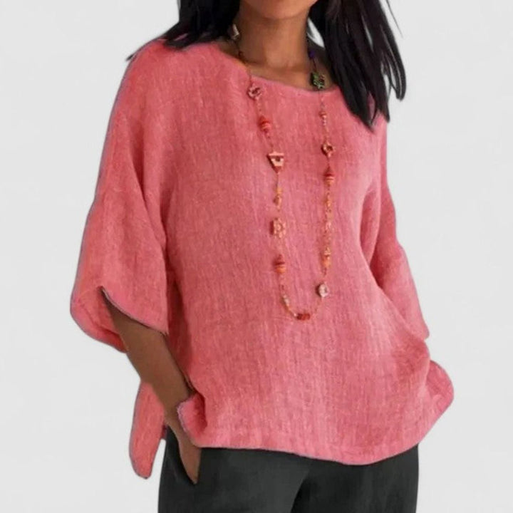 Women's Relaxed-Fit Cotton-Linen Three-Quarter Sleeve Comfortable Blouse - Pink