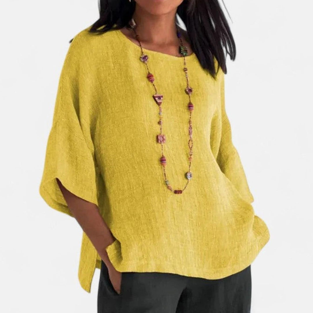 Women's Relaxed-Fit Cotton-Linen Three-Quarter Sleeve Comfortable Blouse - Yellow
