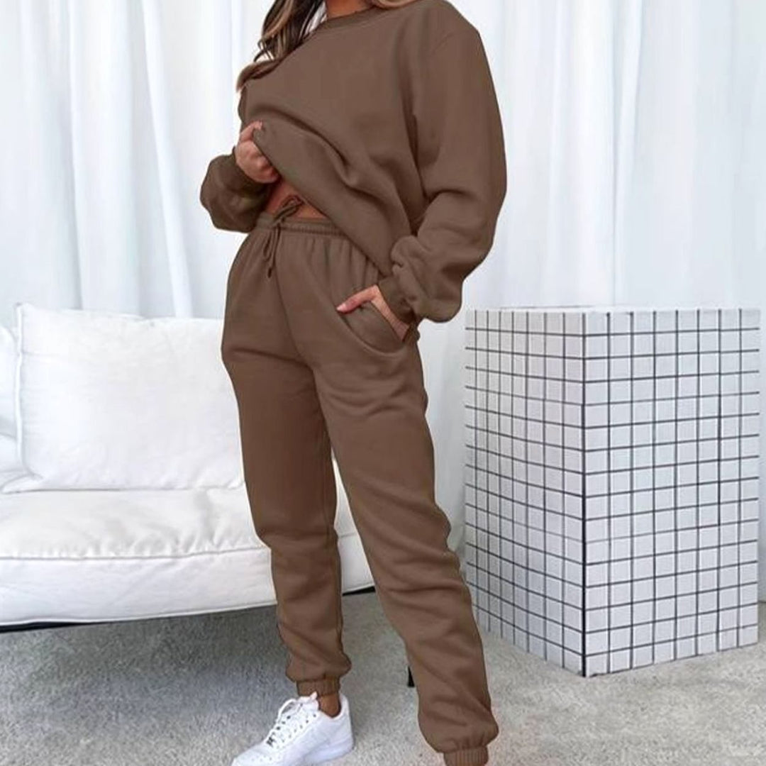 Women's Relaxed-Fit Crew-Neck Matching Sweatshirt Jogger Set - Brown