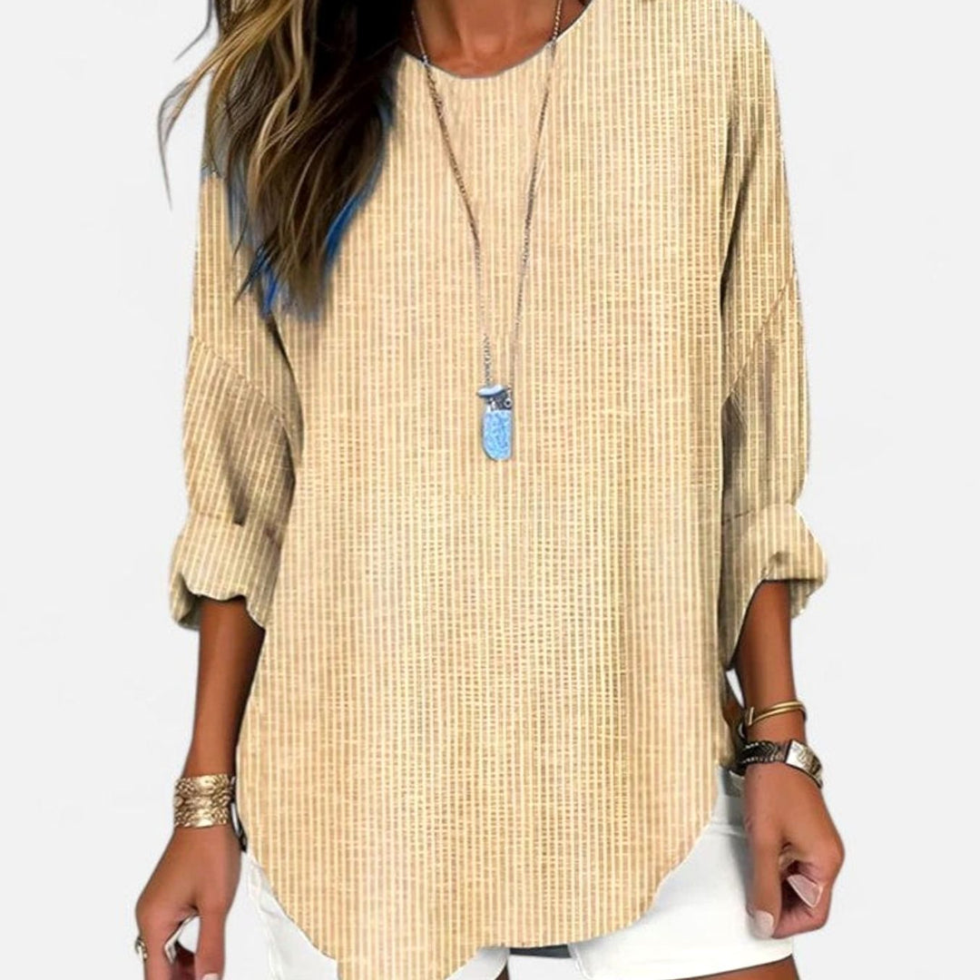 Women's Relaxed-Fit Crew-Neck Striped Comfortable Blouse - Khaki