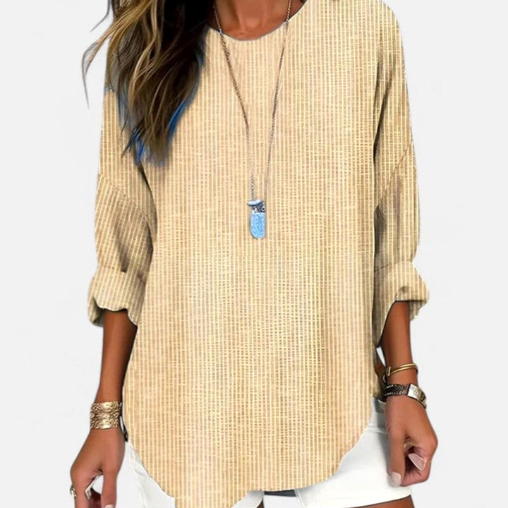 Women's Relaxed-Fit Crew-Neck Striped Comfortable Blouse - Khaki