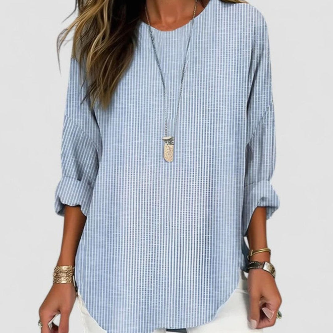 Women's Relaxed-Fit Crew-Neck Striped Comfortable Blouse - Blue