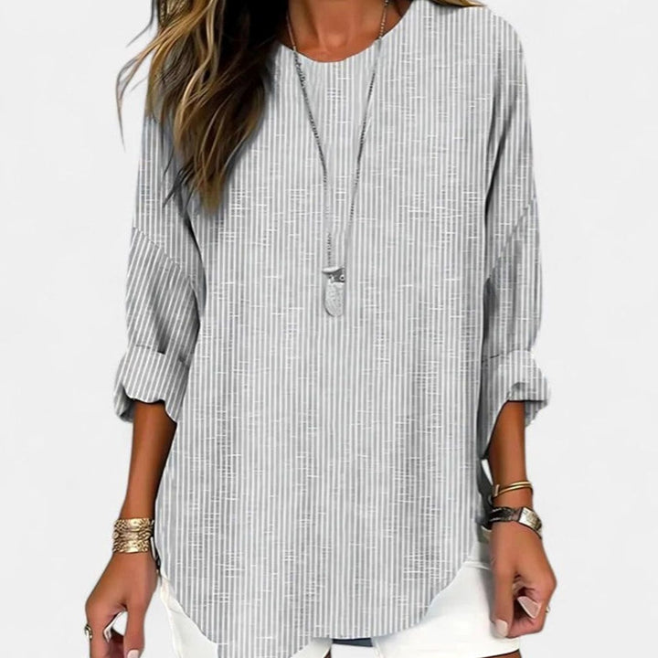 Women's Relaxed-Fit Crew-Neck Striped Comfortable Blouse - Gray