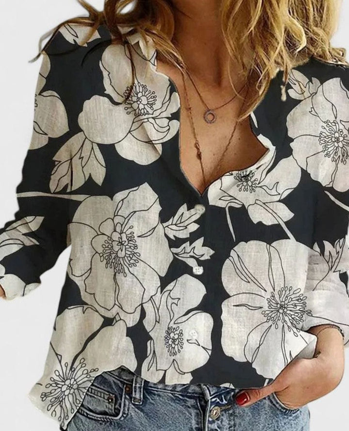 Women's Relaxed-Fit Floral Cotton-Linen Lapel Button-Down Blouse - Black 2