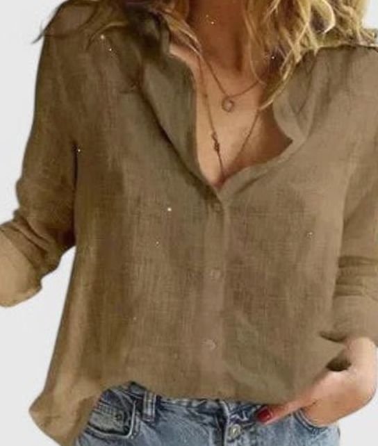 Women's Relaxed-Fit Floral Cotton-Linen Lapel Button-Down Blouse - Brown