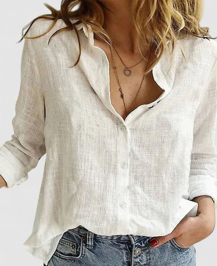 Women's Relaxed-Fit Floral Cotton-Linen Lapel Button-Down Blouse - White