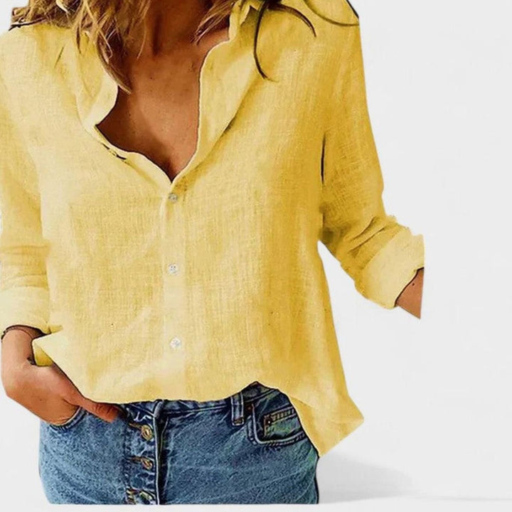 Women's Relaxed-Fit Floral Cotton-Linen Lapel Button-Down Blouse - Yellow