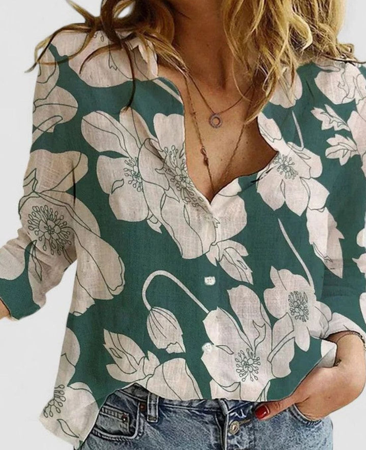 Women's Relaxed-Fit Floral Cotton-Linen Lapel Button-Down Blouse - Green 2