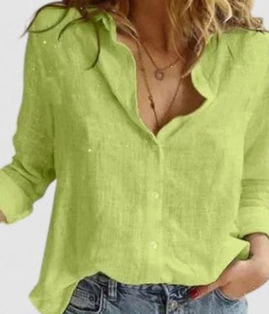 Women's Relaxed-Fit Floral Cotton-Linen Lapel Button-Down Blouse - Green