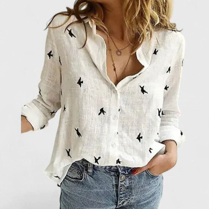 Women's Relaxed-Fit Floral Cotton-Linen Lapel Button-Down Blouse - White 2