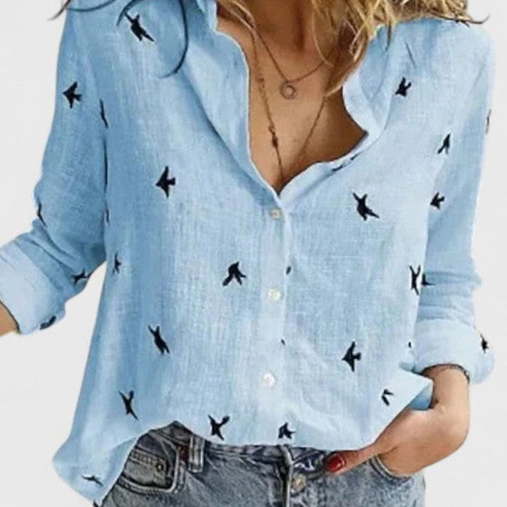 Women's Relaxed-Fit Floral Cotton-Linen Lapel Button-Down Blouse - Blue 2