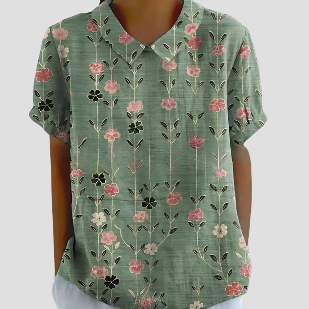 Women's Relaxed-Fit Floral-Print Collared Short-Sleeve Blouse - Green Floral Print