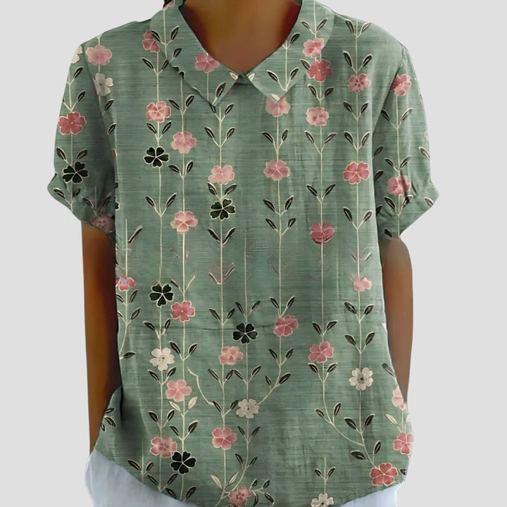 Women's Relaxed-Fit Floral-Print Collared Short-Sleeve Blouse - Green Floral Print
