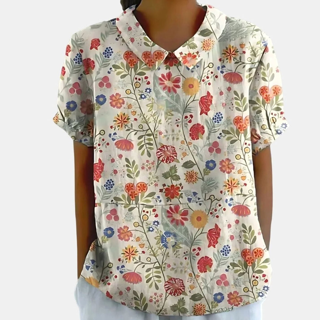 Women's Relaxed-Fit Floral-Print Collared Short-Sleeve Blouse - Light Pink with Floral Print